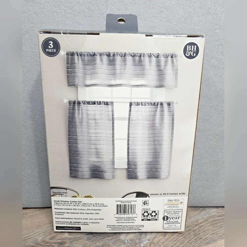 Better Homes & Gardens Gray & White Curtain Set 36” | Small Window | 3-Piece New